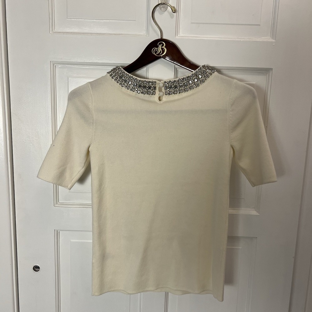 Talbots Jeweled Neckline Short Sleeve Knit Top Rhinestone Glitter Sweater‎ Cream - Picture 2 of 9